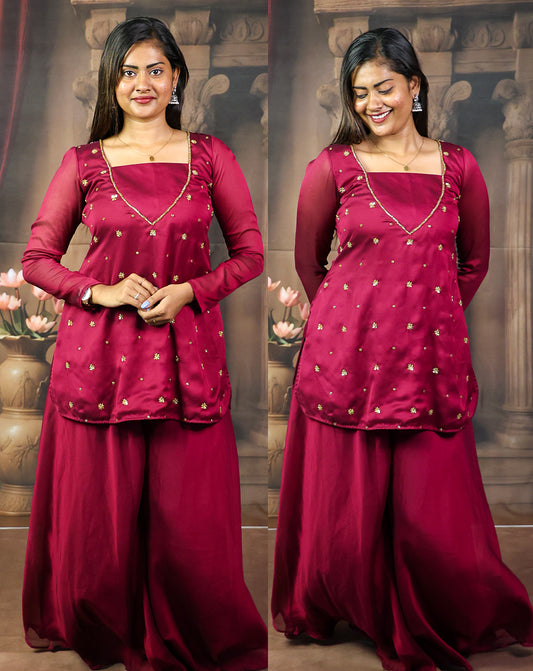 Maroon Magic Tunic Top with Circular Palazzo Pants - Regal Embroidered Flow