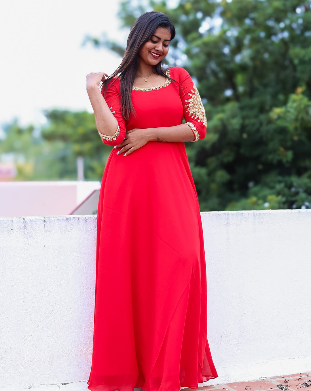 Radiant Red Ethnic Maxi Dress - Gold Embroidered Georgette