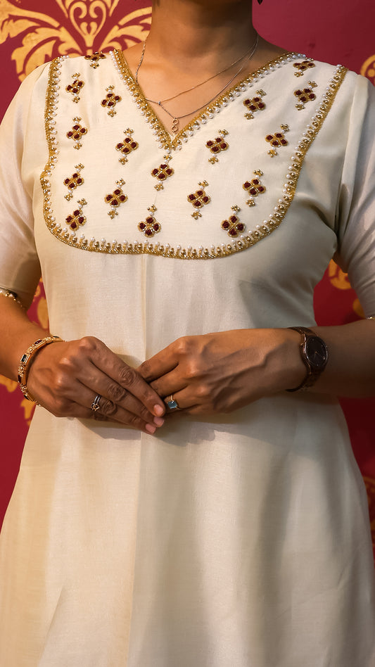 Ivory A-Line Kurti Set - Timeless Embroidered Elegance