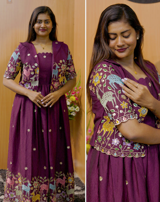 Wine color Bloom Maxi Gown + Overcoat - Graceful Floral Twirl Elegance