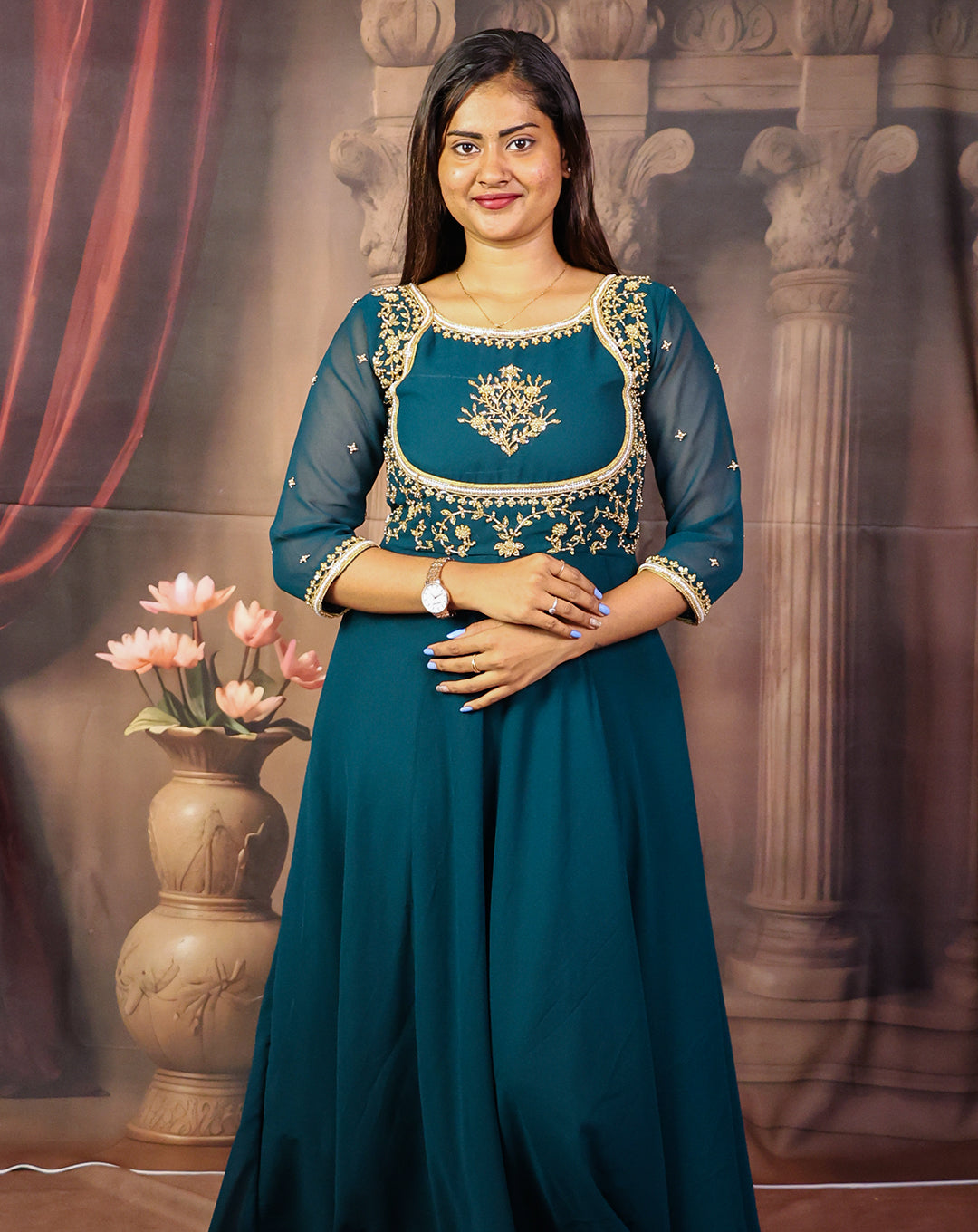 Teal Embroidered Maxi Dress - Sheer Sleeves & Gold Regal Flow
