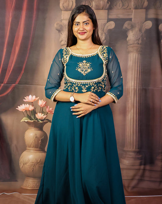 Teal Embroidered Maxi Dress - Sheer Sleeves & Gold Regal Flow