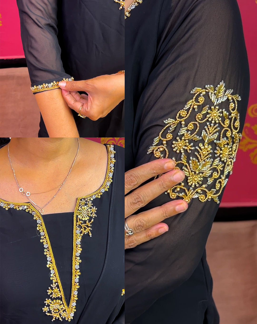 Sleek Black Georgtte Kurti Set with Dupatta - Golden Embroidered Shine