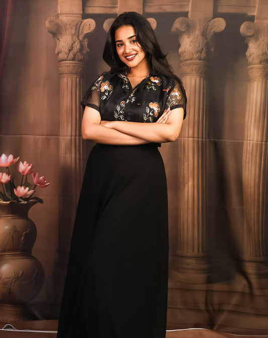 Bold Black Floral Printed Shirt & Skirt - Dramatic Sheer Elegance