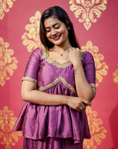 Purple Silk Peplum Top & Skirt Set - Golden Zari Embroidery Elegance