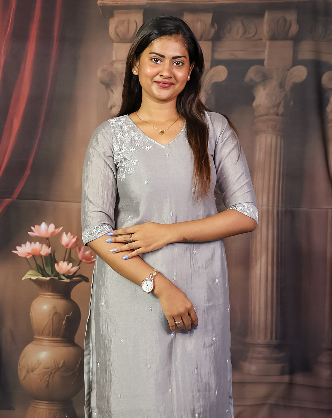 Silver-Grey Embroidered Kurti Set - Timeless Ethnic Elegance