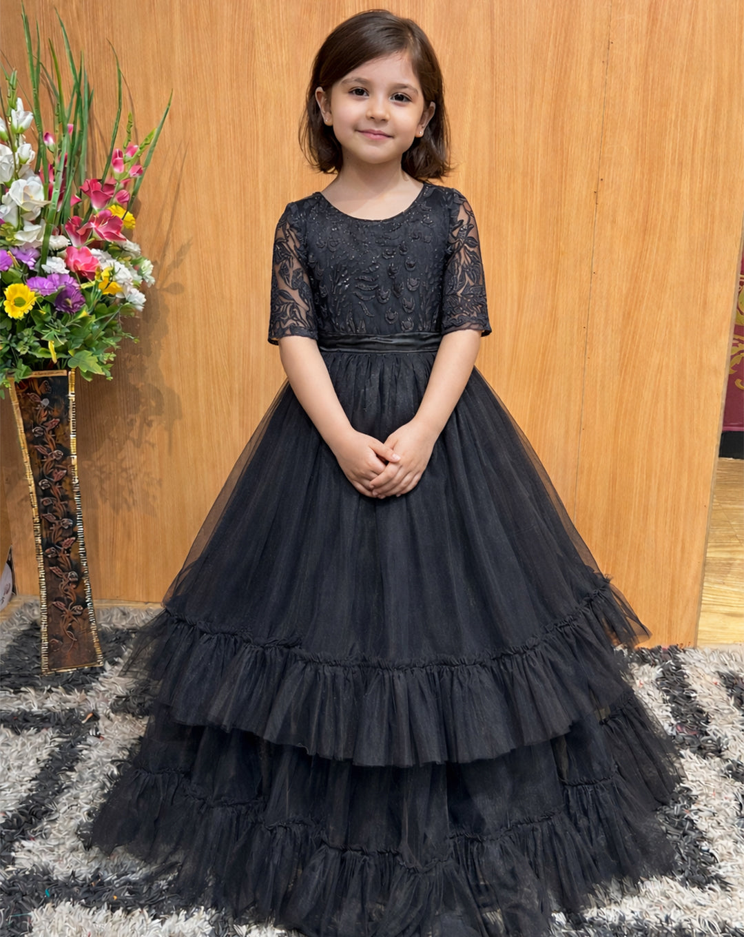 Black Tulle Gown - Graceful Lace Bodice & Flowy Layers for Little Princesses