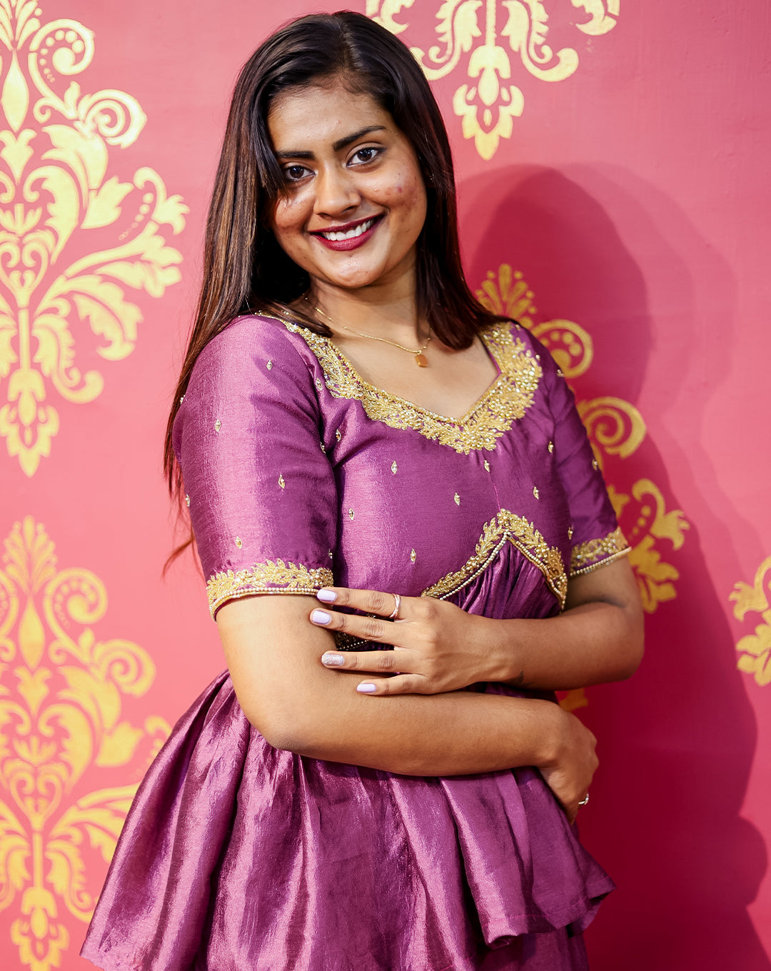 Purple Silk Peplum Top & Skirt Set - Golden Zari Embroidery Elegance