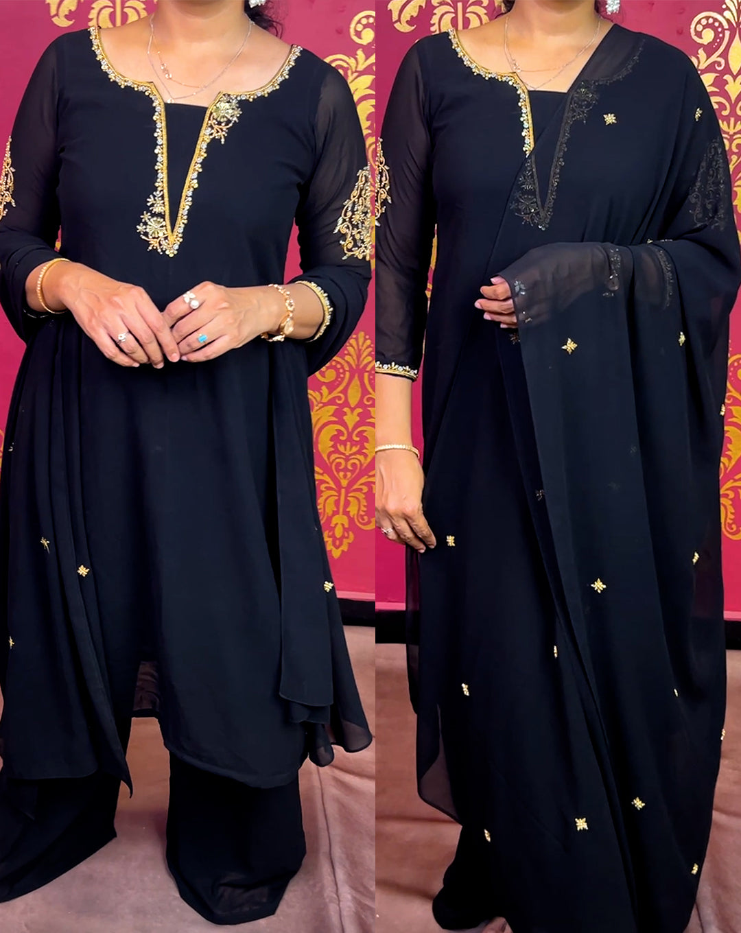 Sleek Black Georgtte Kurti Set with Dupatta - Golden Embroidered Shine