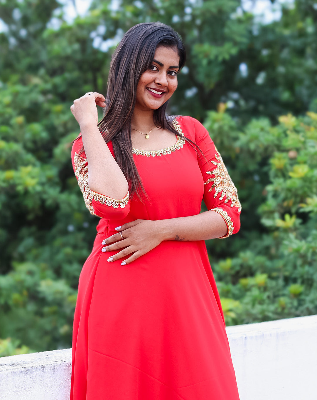 Radiant Red Ethnic Maxi Dress - Gold Embroidered Georgette