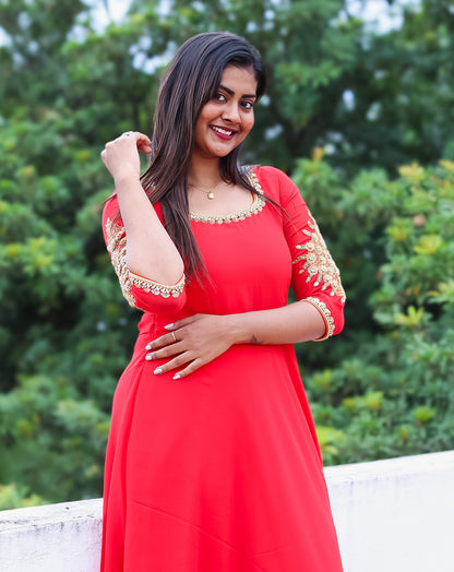 Radiant Red Ethnic Maxi Dress - Gold Embroidered Georgette
