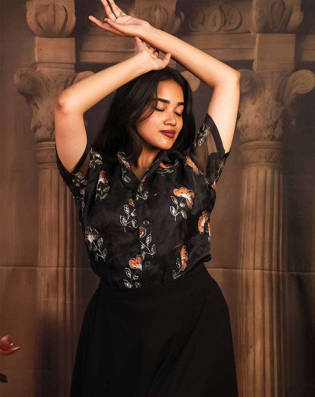 Bold Black Floral Printed Shirt & Skirt - Dramatic Sheer Elegance