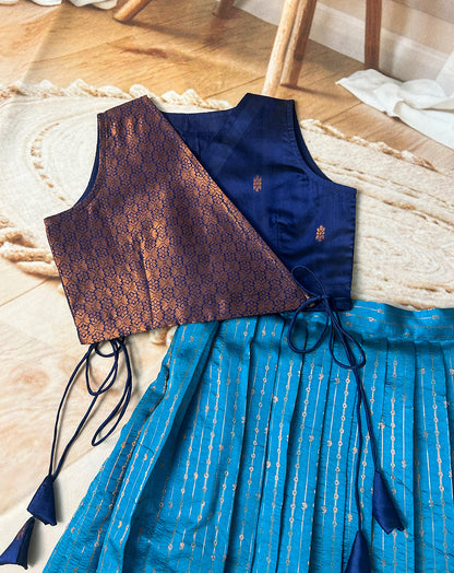 Hemqueen Baby Bliss: Blue & Copper Premium Silk Kids' Pattu Paavadai