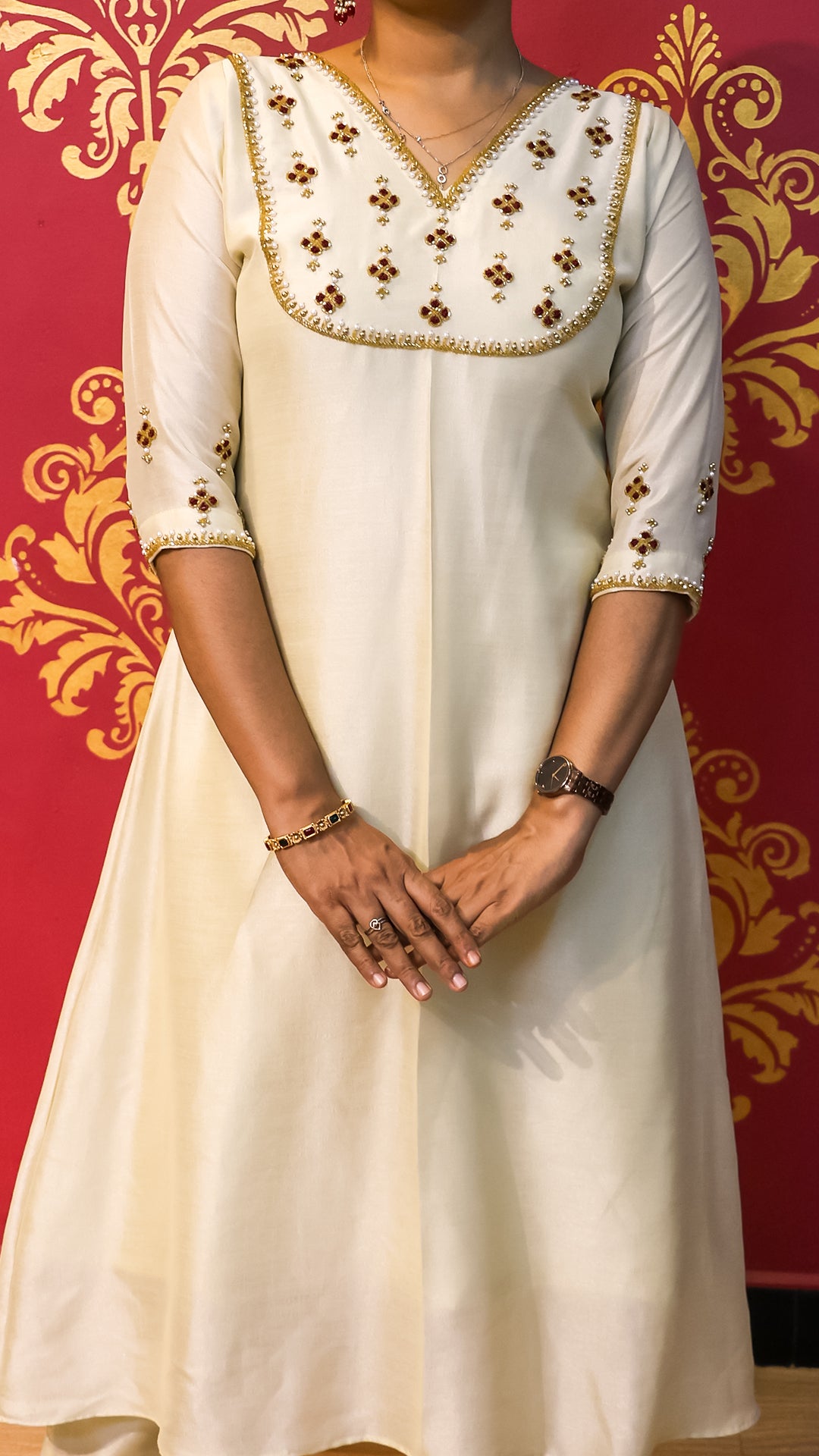 Ivory A-Line Kurti Set - Timeless Embroidered Elegance