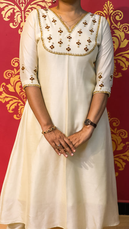 Ivory A-Line Kurti Set - Timeless Embroidered Elegance