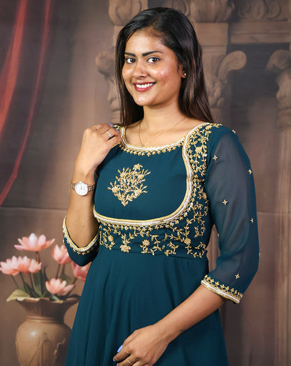 Teal Embroidered Maxi Dress - Sheer Sleeves & Gold Regal Flow