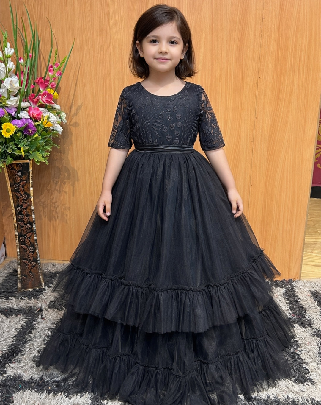 Black Tulle Gown - Graceful Lace Bodice & Flowy Layers for Little Princesses