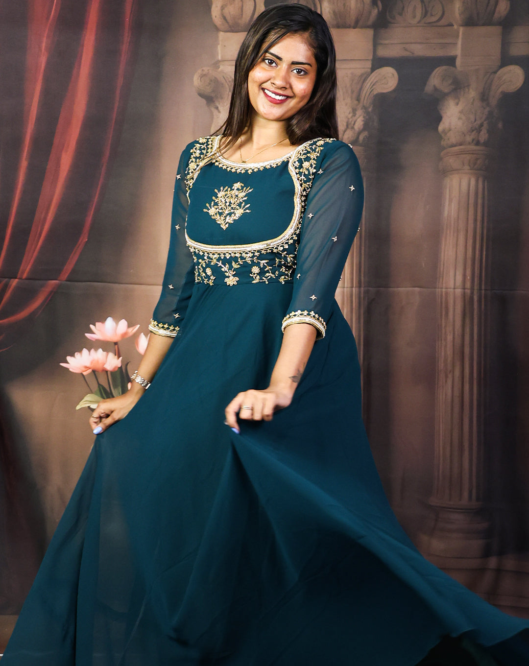 Teal Embroidered Maxi Dress - Sheer Sleeves & Gold Regal Flow