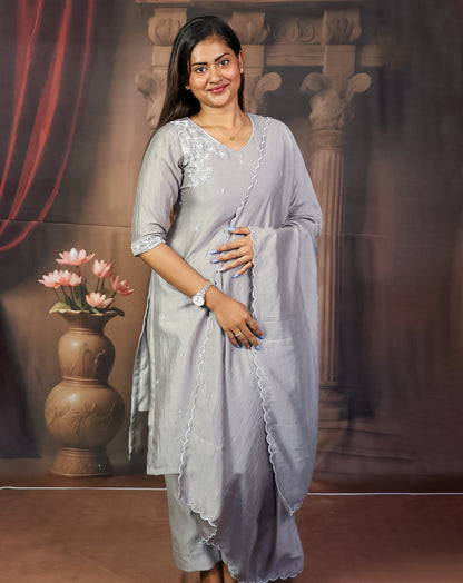 Silver-Grey Embroidered Kurti Set - Timeless Ethnic Elegance