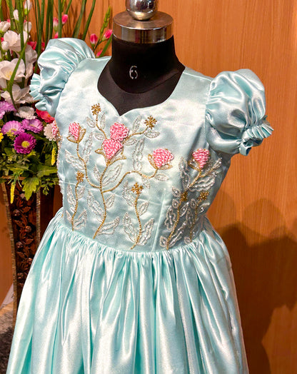Satin Waist Yoke Gown - Turquoise Floral Embroidery & Puffed Sleeves