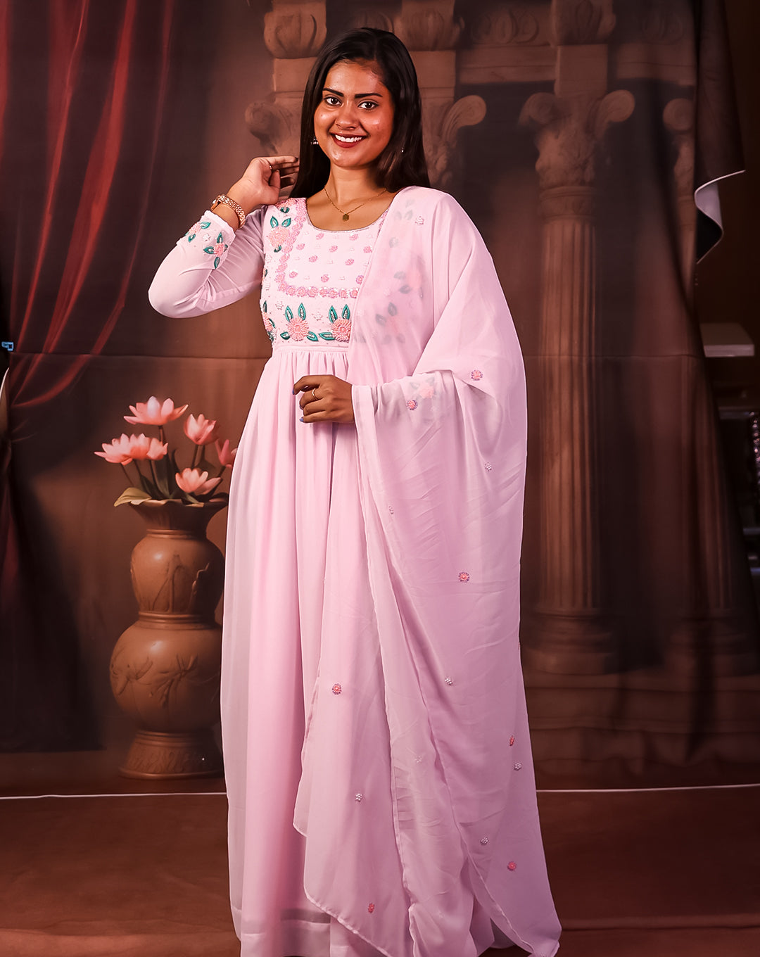 Blush Pink Georgette Maxi Dress - Flowy Embroidered Elegance