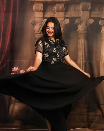 Bold Black Floral Printed Shirt & Skirt - Dramatic Sheer Elegance