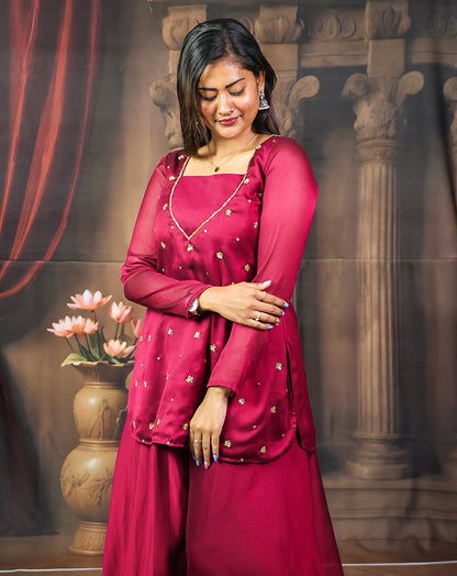 Maroon Magic Tunic Top with Circular Palazzo Pants - Regal Embroidered Flow