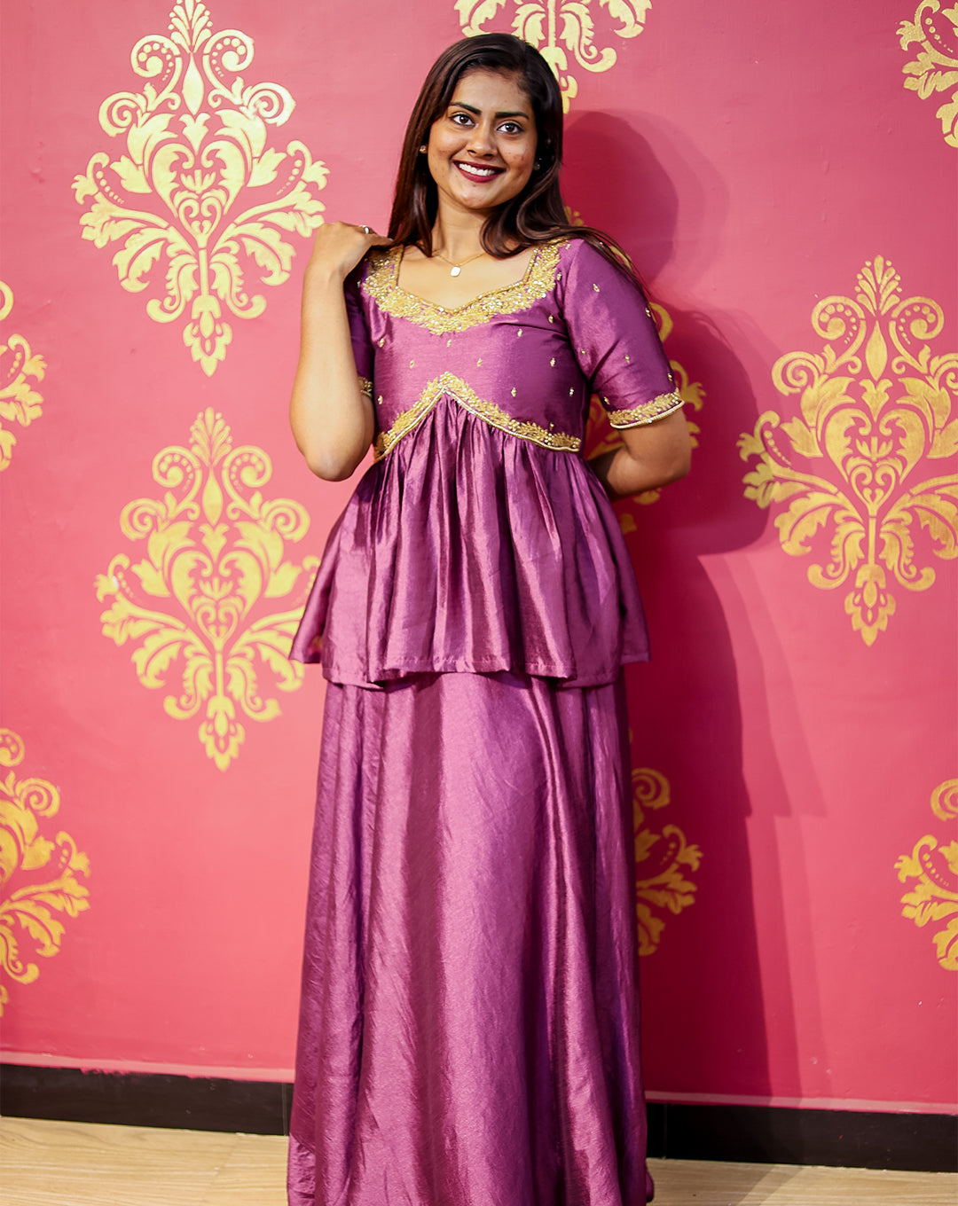 Purple Silk Peplum Top & Skirt Set - Golden Zari Embroidery Elegance