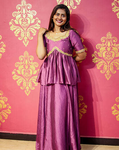 Purple Silk Peplum Top & Skirt Set - Golden Zari Embroidery Elegance