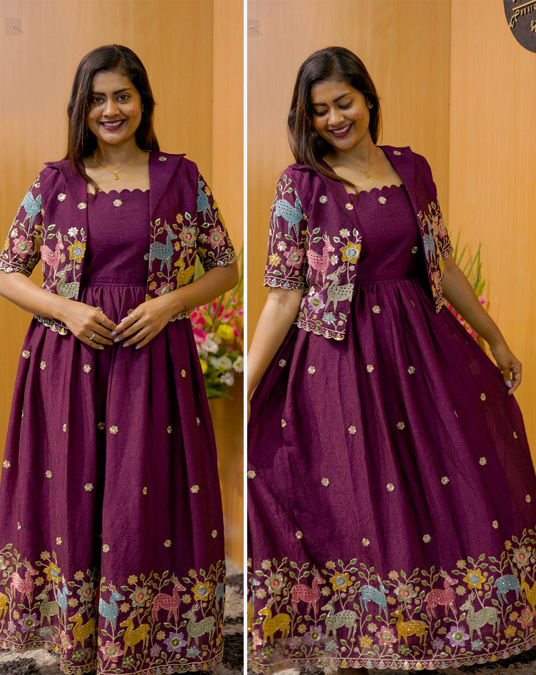 Wine color Bloom Maxi Gown + Overcoat - Graceful Floral Twirl Elegance