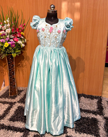 Satin Waist Yoke Gown - Turquoise Floral Embroidery & Puffed Sleeves
