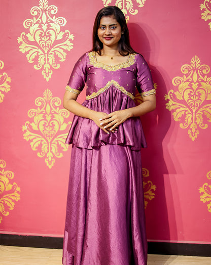 Purple Silk Peplum Top & Skirt Set - Golden Zari Embroidery Elegance