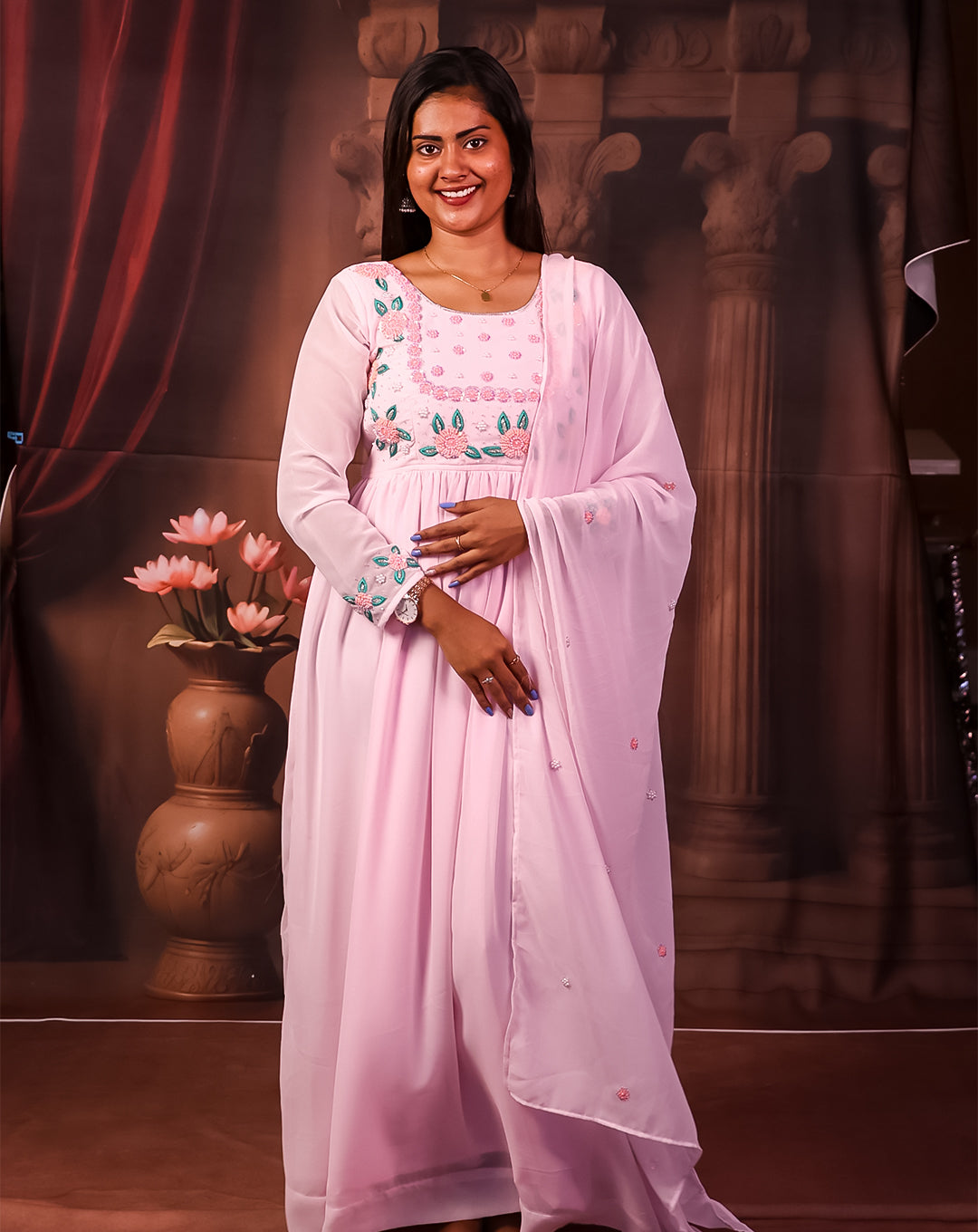Blush Pink Georgette Maxi Dress - Flowy Embroidered Elegance