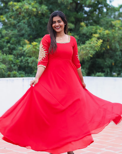 Radiant Red Ethnic Maxi Dress - Gold Embroidered Georgette