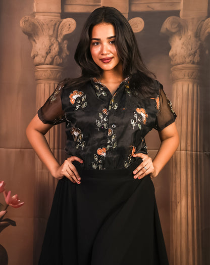Bold Black Floral Printed Shirt & Skirt - Dramatic Sheer Elegance