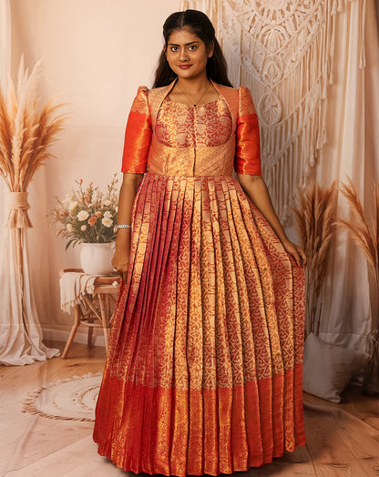 Red & Gold Silk Pleated Maxi Dress