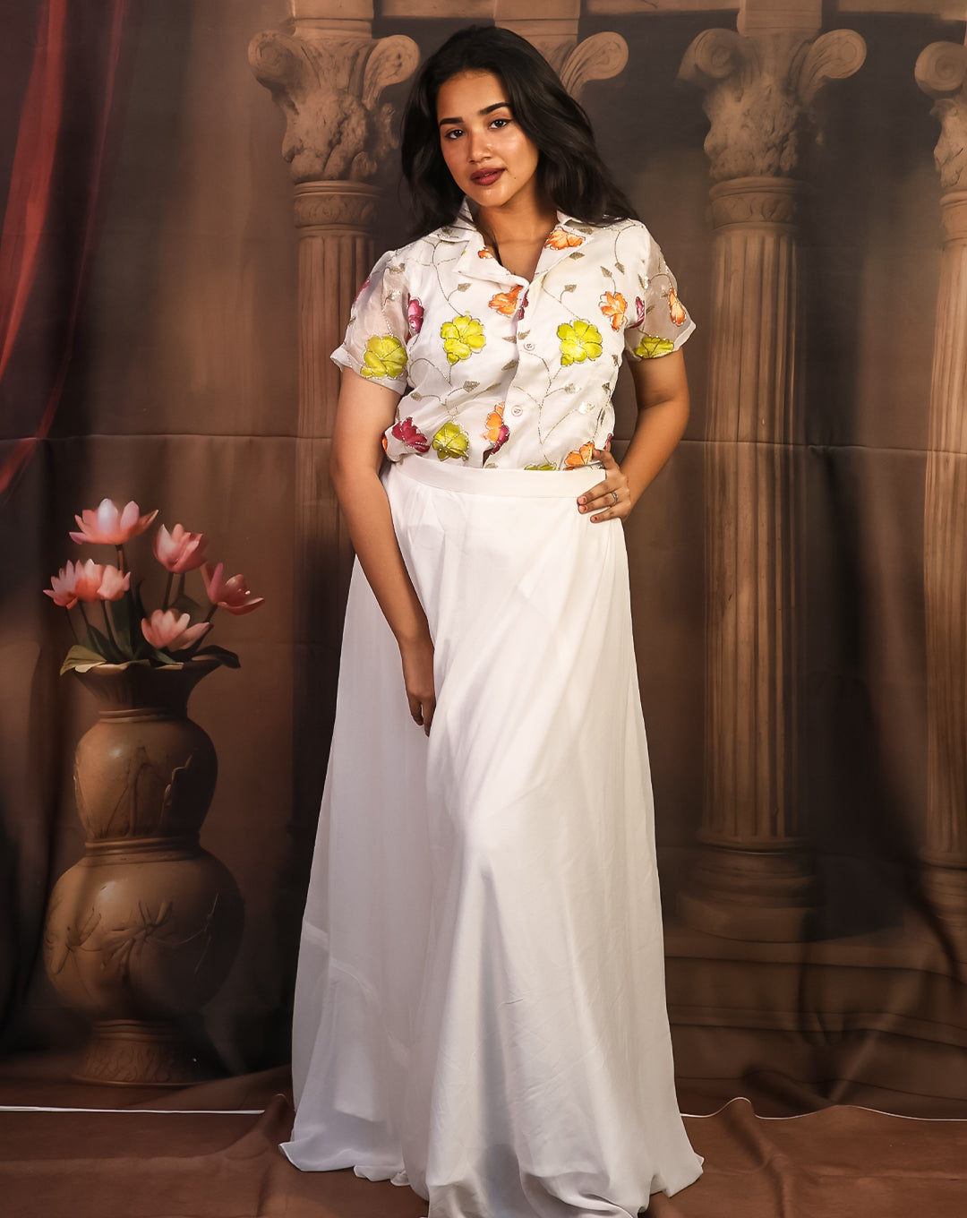 All-White Floral Printed Shirt & Skirt - Pure Ethereal Spring Glow