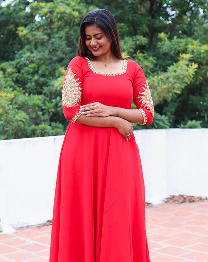 Radiant Red Ethnic Maxi Dress - Gold Embroidered Georgette