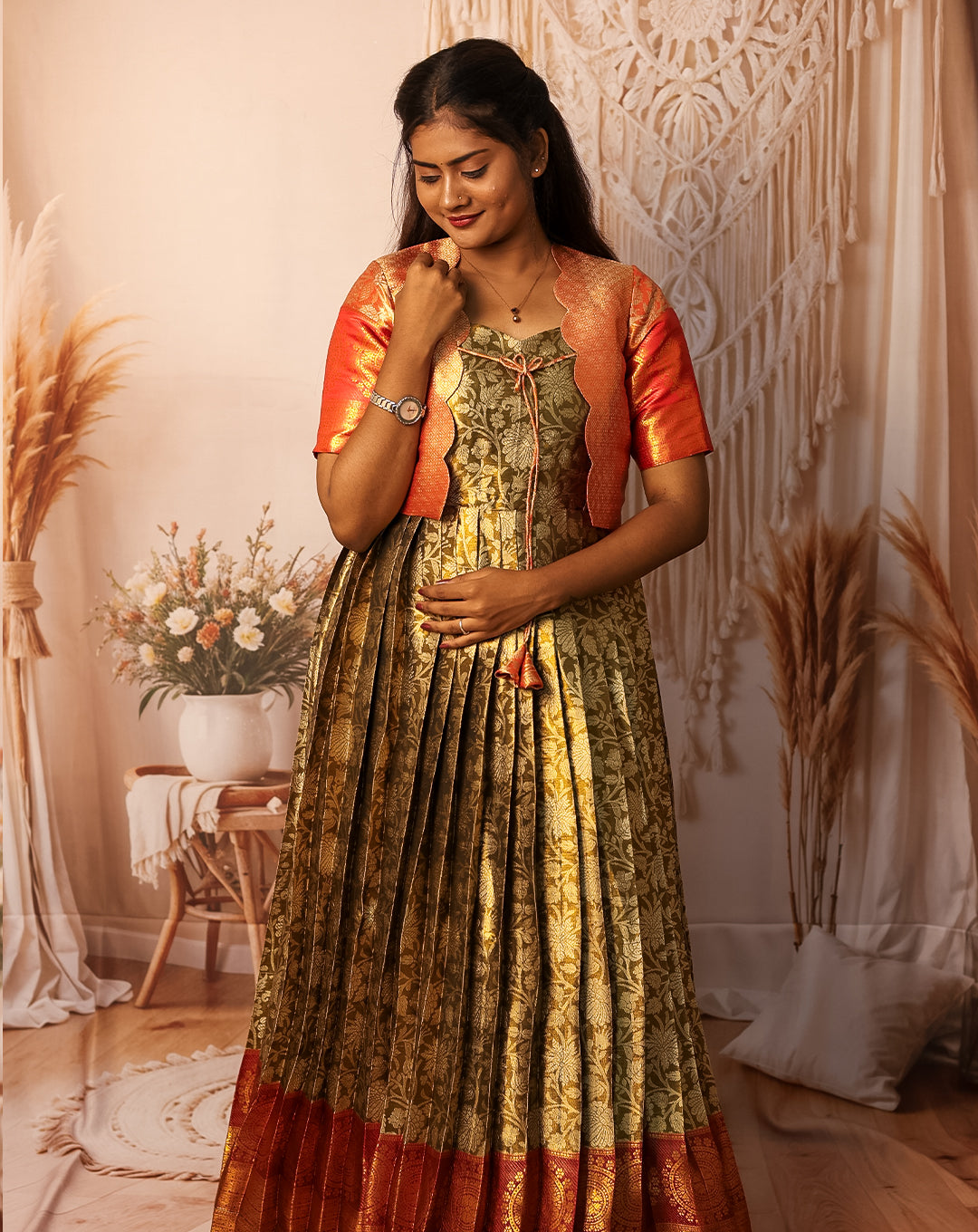 Olive Green & Red Silk Pleated Maxi