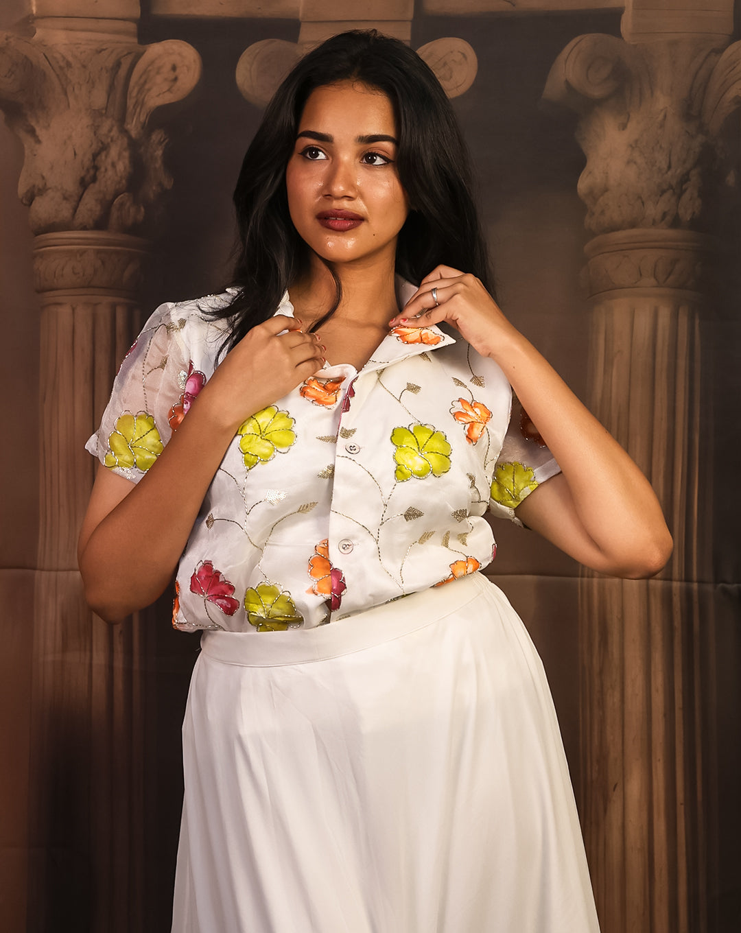 All-White Floral Printed Shirt & Skirt - Pure Ethereal Spring Glow