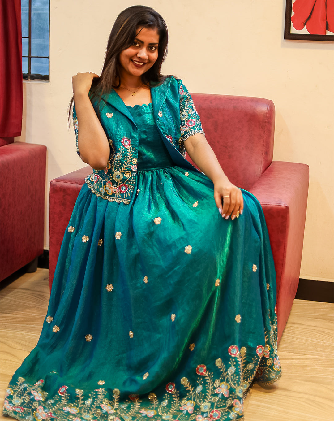 Teal Shimmer Maxi Gown + Overcoat - Radiant Flowing Grace