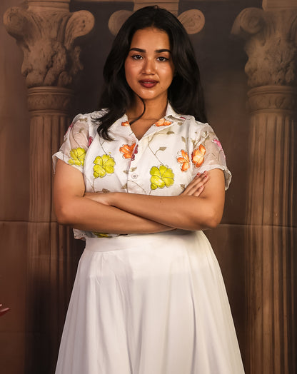 All-White Floral Printed Shirt & Skirt - Pure Ethereal Spring Glow