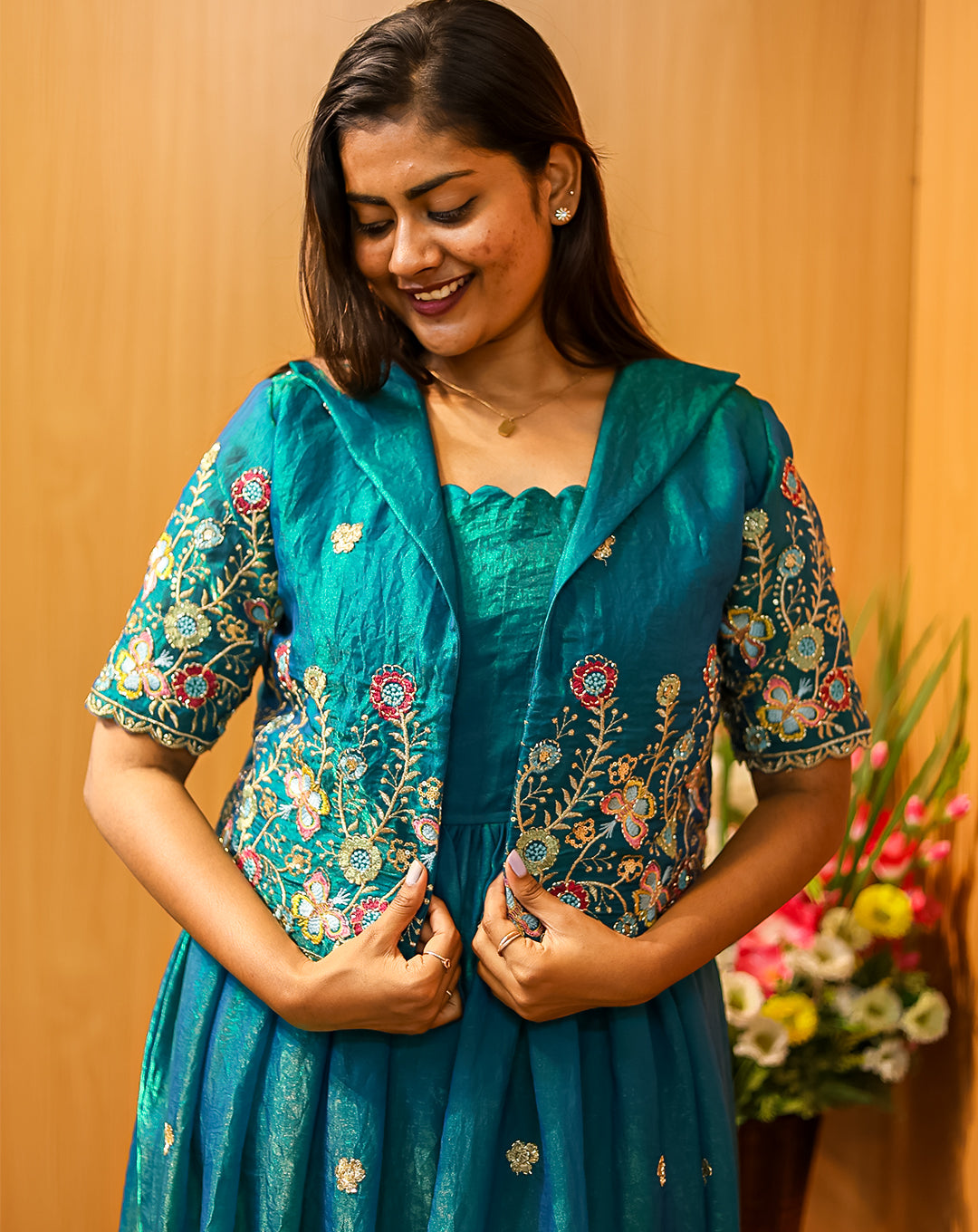 Teal Shimmer Maxi Gown + Overcoat - Radiant Flowing Grace