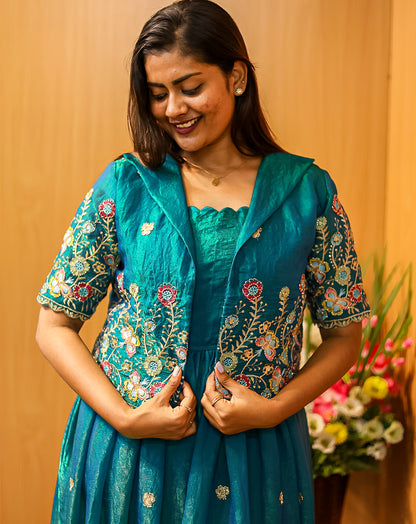 Teal Shimmer Maxi Gown + Overcoat - Radiant Flowing Grace
