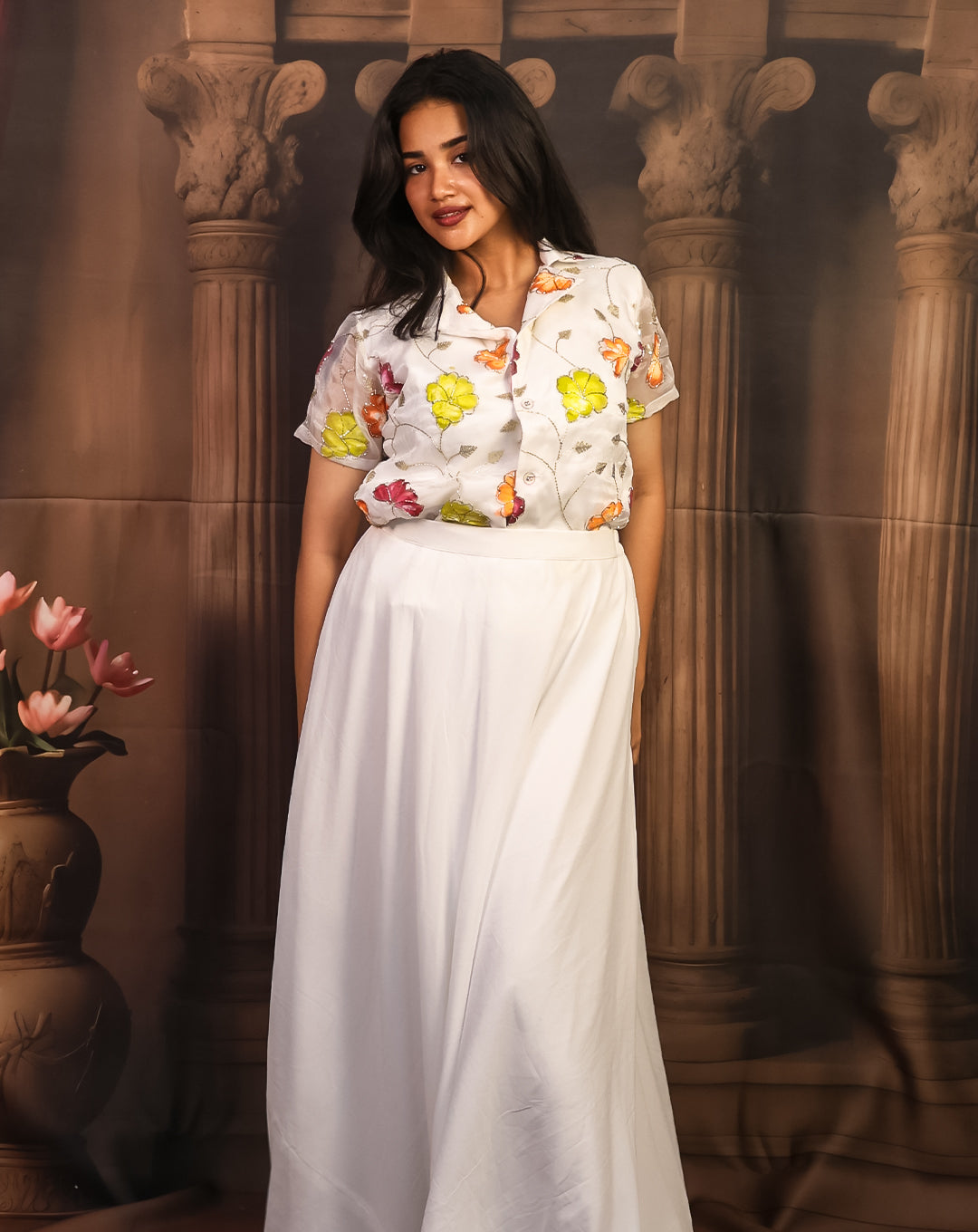 All-White Floral Printed Shirt & Skirt - Pure Ethereal Spring Glow