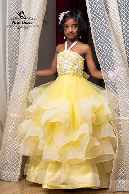 Sunshine Yellow Tulle Ballgown for Girls with Pearls