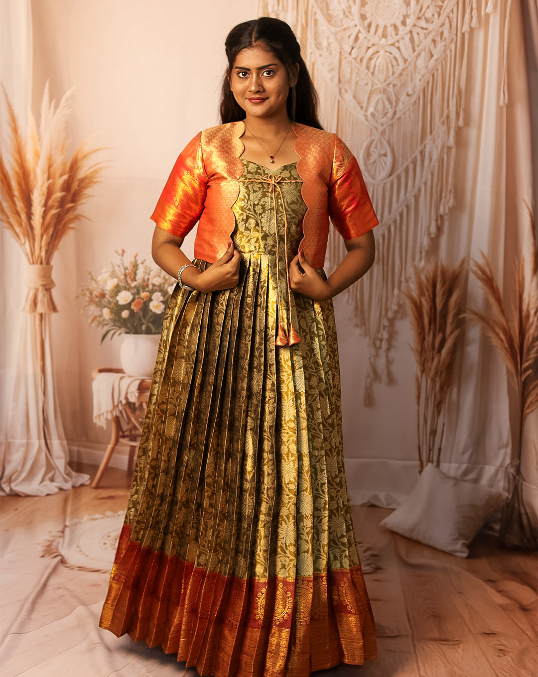 Olive Green & Red Silk Pleated Maxi