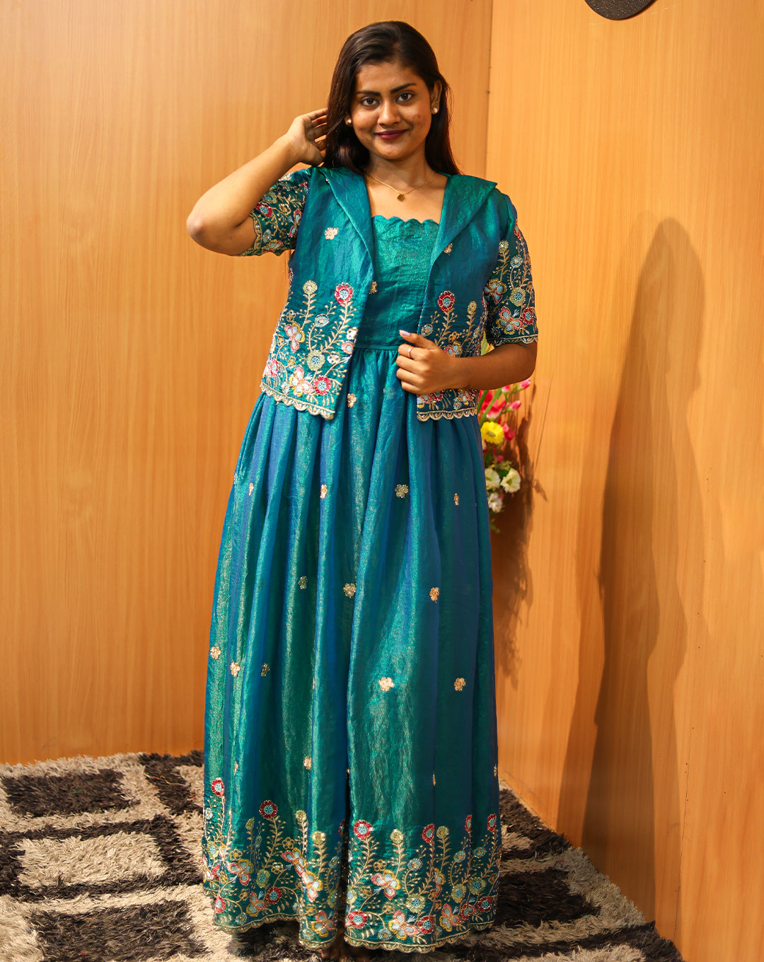 Teal Shimmer Maxi Gown + Overcoat - Radiant Flowing Grace