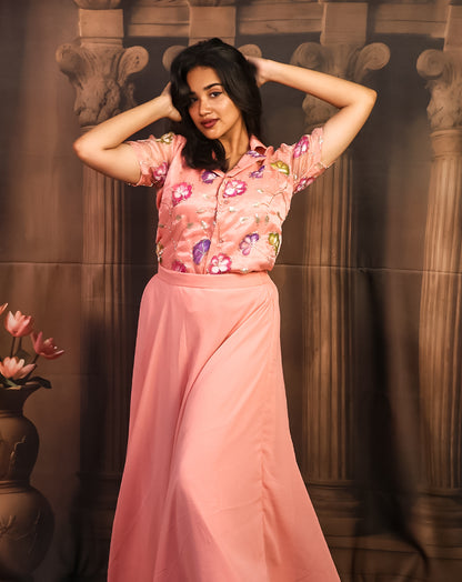 Peachy Pink Floral Printed Shirt & Skirt - Sheer Spring Elegance