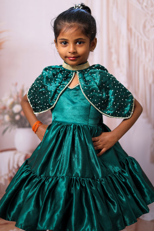 Emerald Green Satin Tiered Gown – Royal Glamour with a Magical Cape